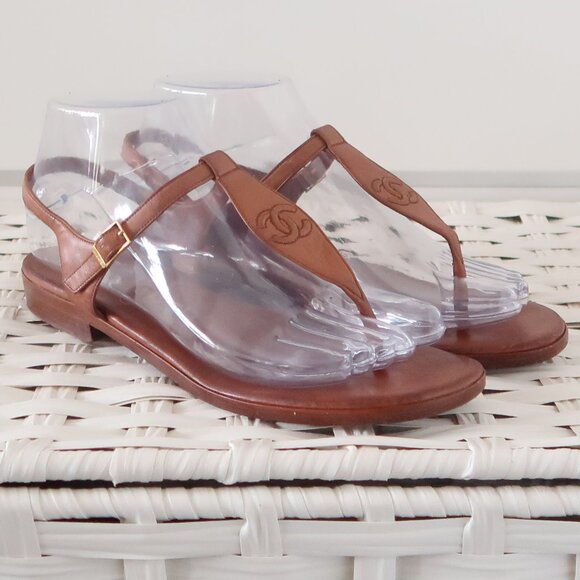 Chanel Brown Leather T-Strap Sandals Rare Minimalist Designer Summer Flats Shoes - Picture 4 of 16